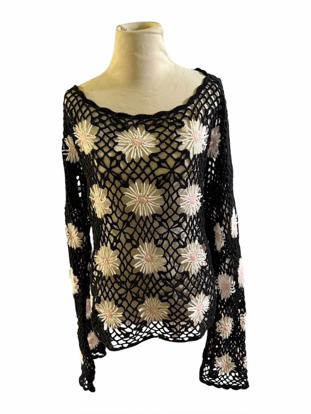 Boho Daisy Crochet Open Knit Sweater Bell Sleeve Floral Mesh Top Black XL